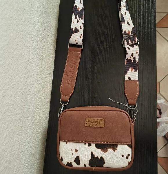 Wrangler Cow Print Brown and White Crossbody Bag - Picture 3 of 9